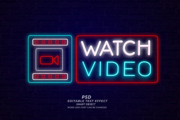 Download Watch Video Neon Sign PSD Editable Text - Neon sign Collection